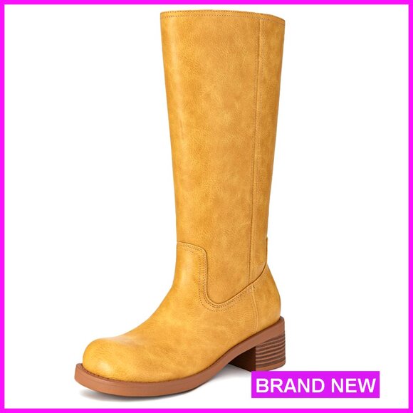 Knee High Riding Boots Square Toe Chunky Block Low Heel Slip On Style